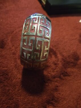 Vintage Givenchi Silver-Tone Greek Key Red Enamel Cuff Bracelet